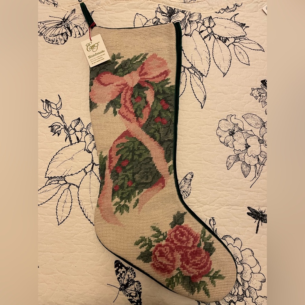 Christmas Coquette Style Pink Bows & Roses Handmade Needlepoint Stocking NWT